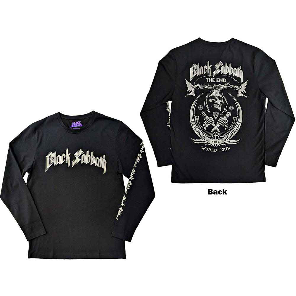 Black Sabbath Unisex Long Sleeve T-Shirt: The End Mushroom Cloud (Black) (Back &amp; Sleeve Print)