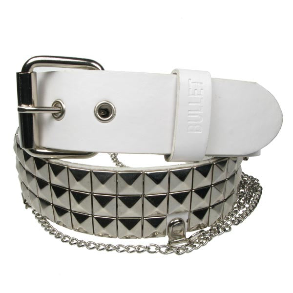 Vegan Leather Belt: 3 Row Pyramid Studs with Chain (White)