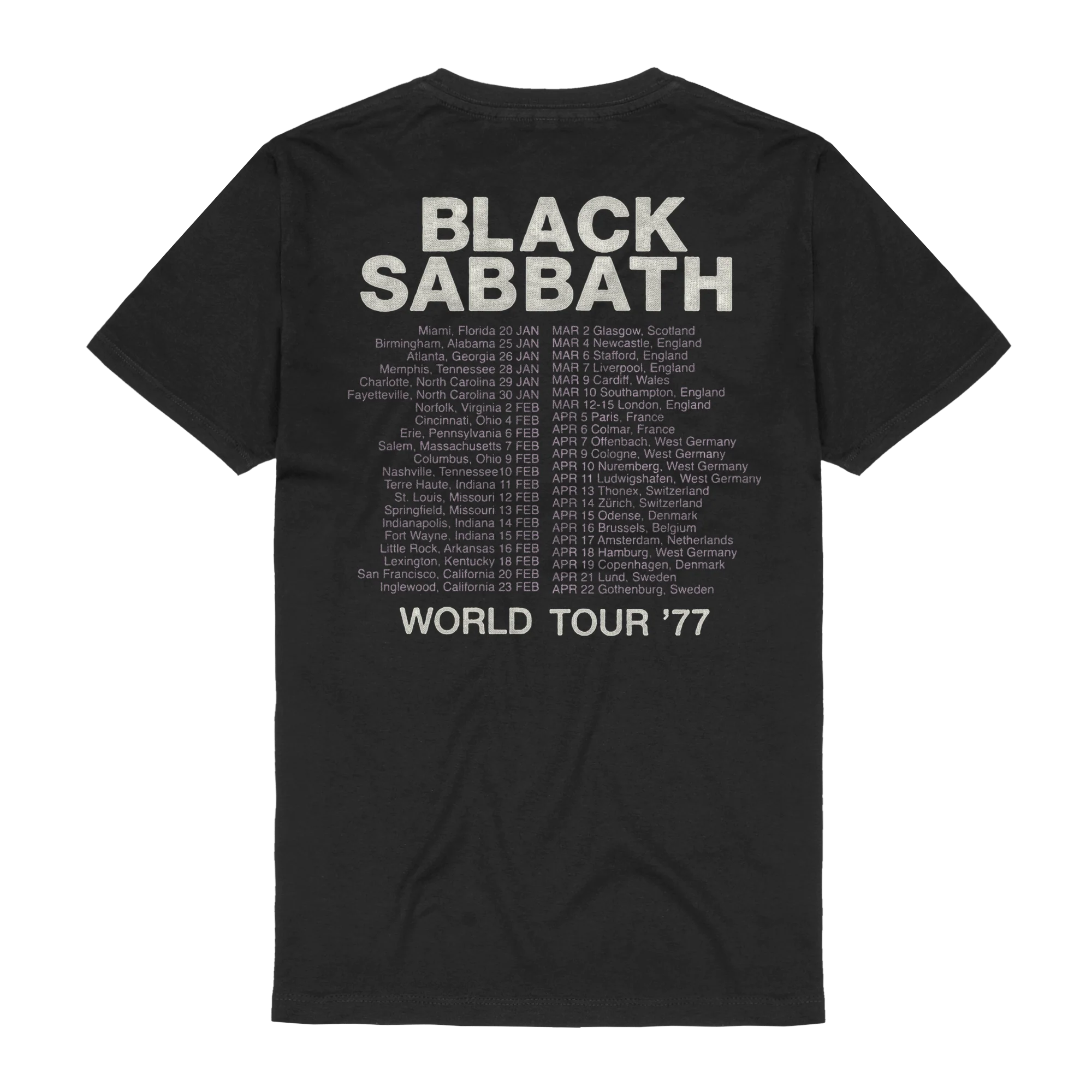 Black Sabbath Unisex T-Shirt: World Tour 1977 (Black) (Back Print)
