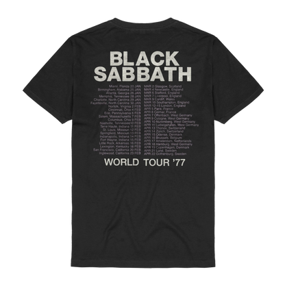 Black Sabbath Unisex T-Shirt: World Tour 1977 (Black) (Back Print)