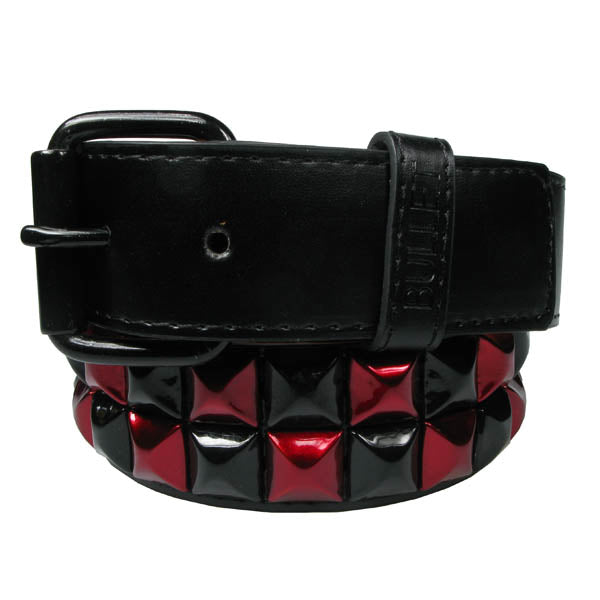 Vegan Leather Belt: 2 Row metallic Red and Black Check Pyramid Studs