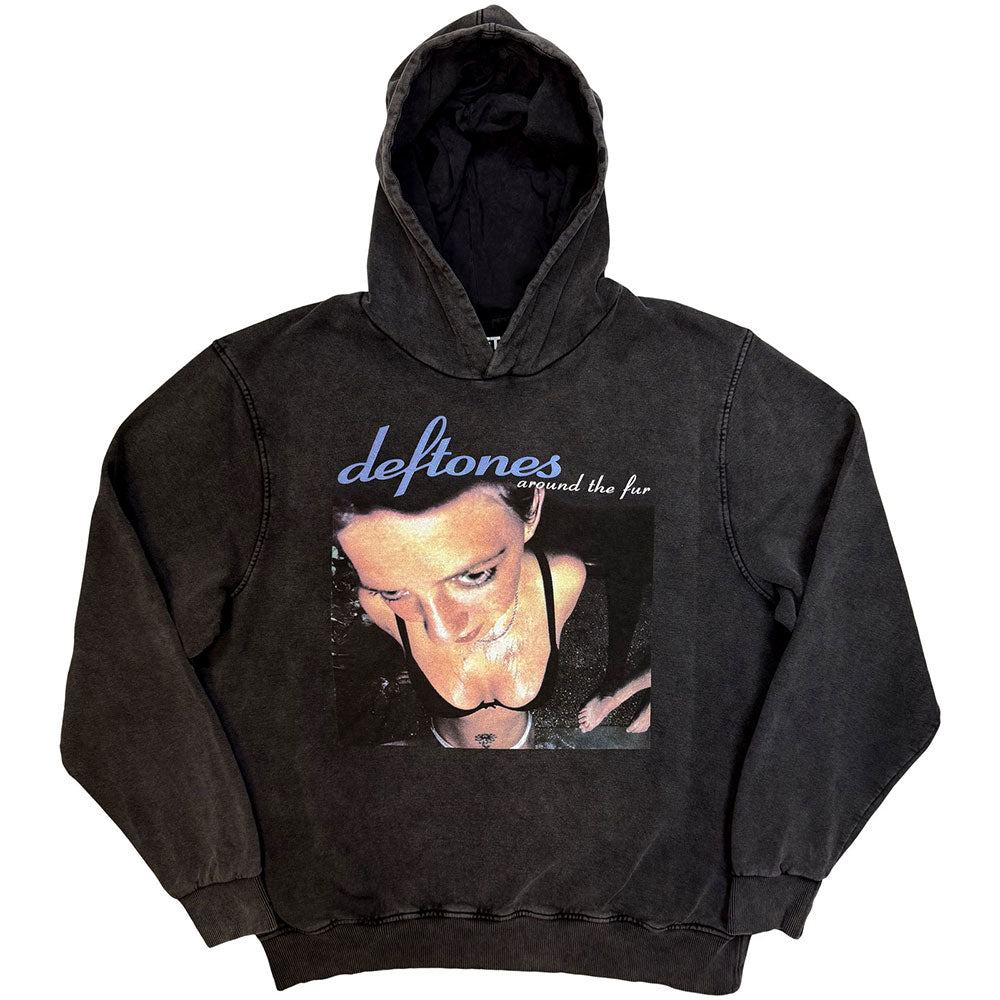 Deftones Unisex Stone Wash Pullover Hoodie: Around The Fur (Charcoal Grey)