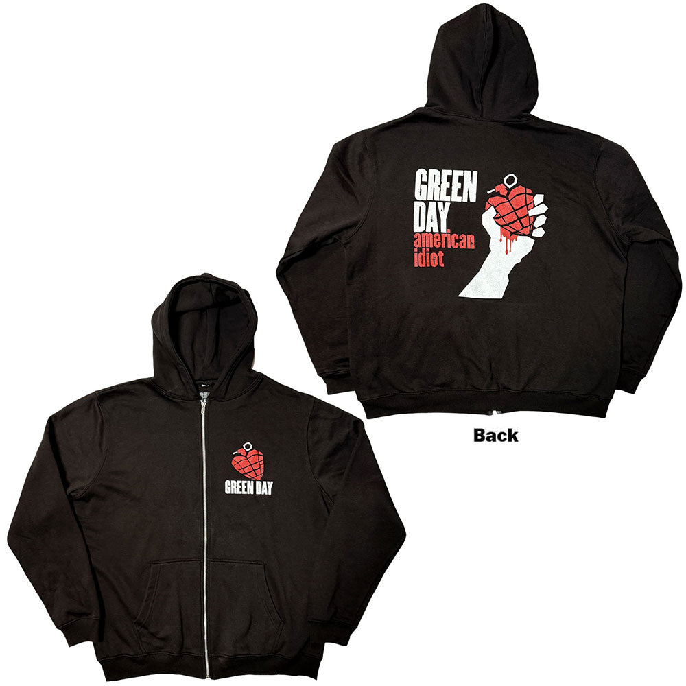 Green Day Unisex Zipped Hoodie: American Idiot (Black) (Back Print) 