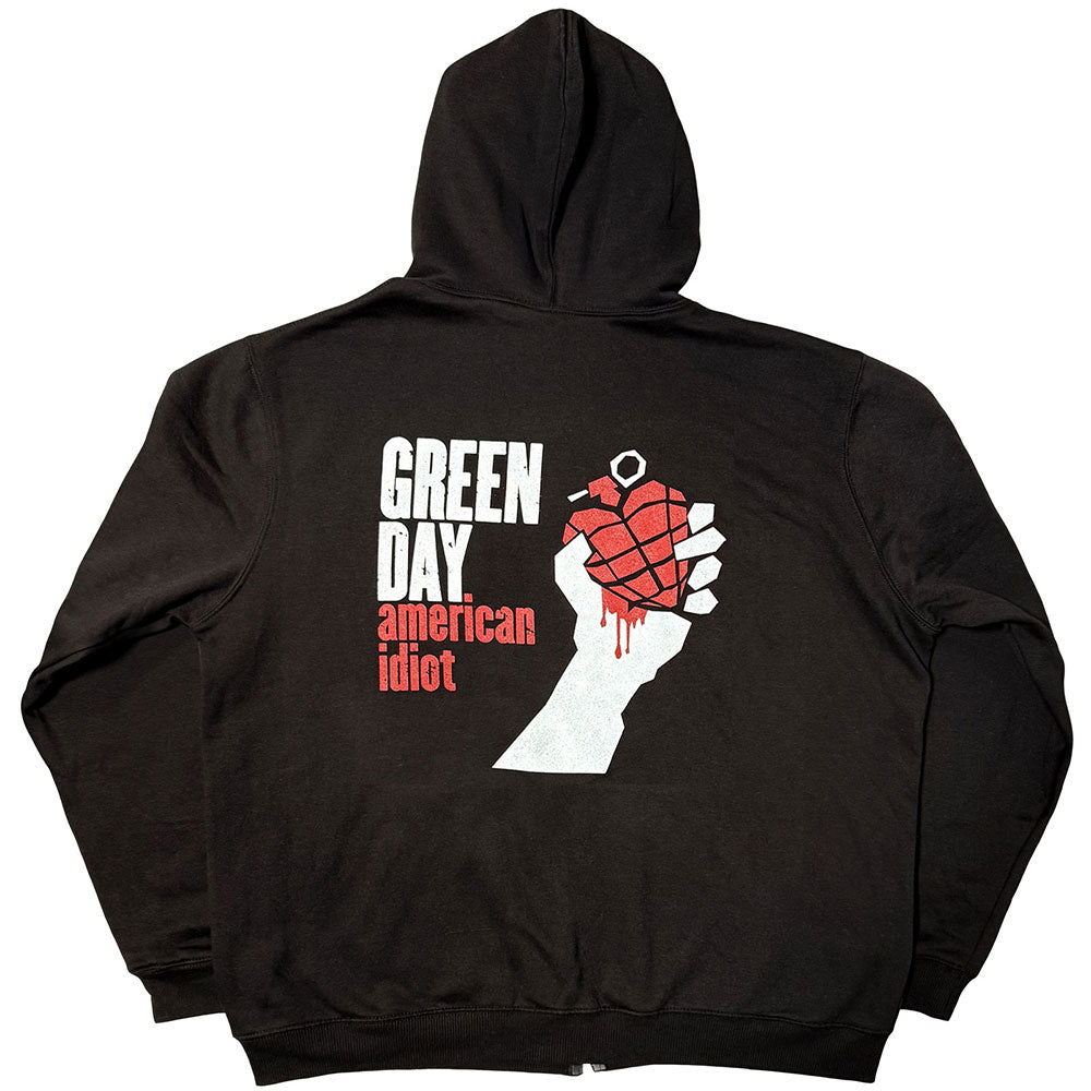 Green Day Unisex Zipped Hoodie: American Idiot (Black) (Back Print) 