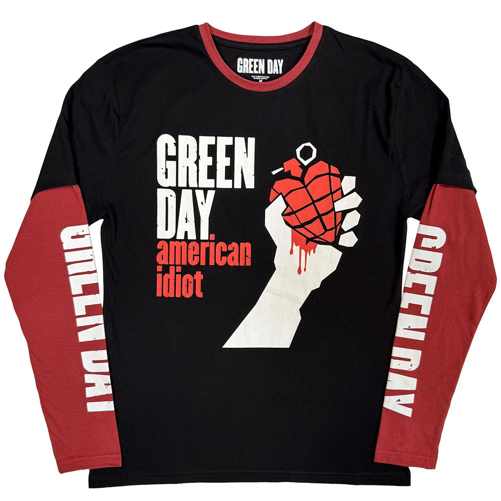 Green Day Unisex Layered Long Sleeve T-Shirt: American Idiot (Black &amp; Red) (Sleeve Print)