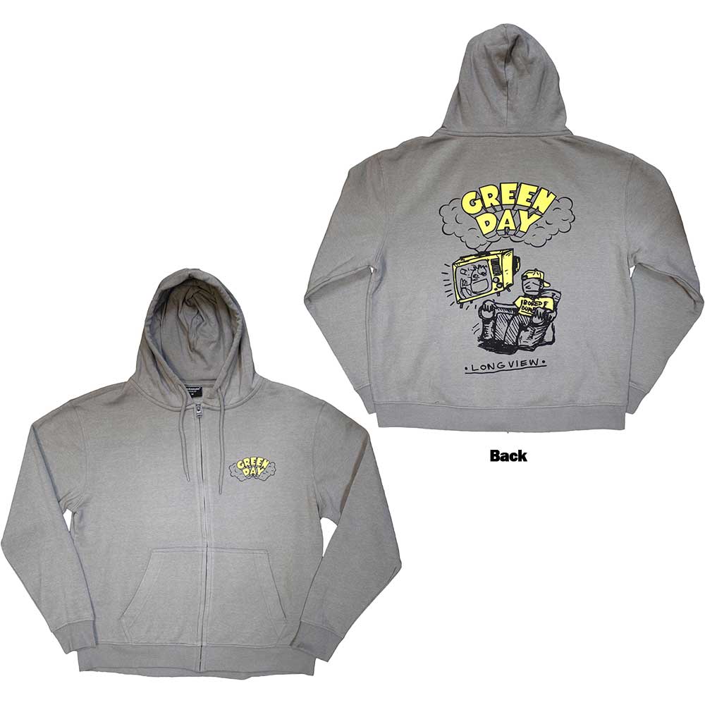 Green Day Unisex Zipped Hoodie: Longview Doodle (Grey) (Back Print) 