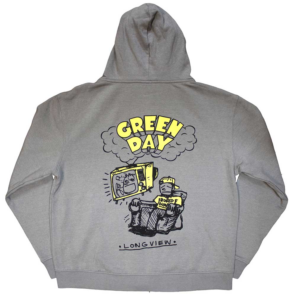 Green Day Unisex Zipped Hoodie: Longview Doodle (Grey) (Back Print) 
