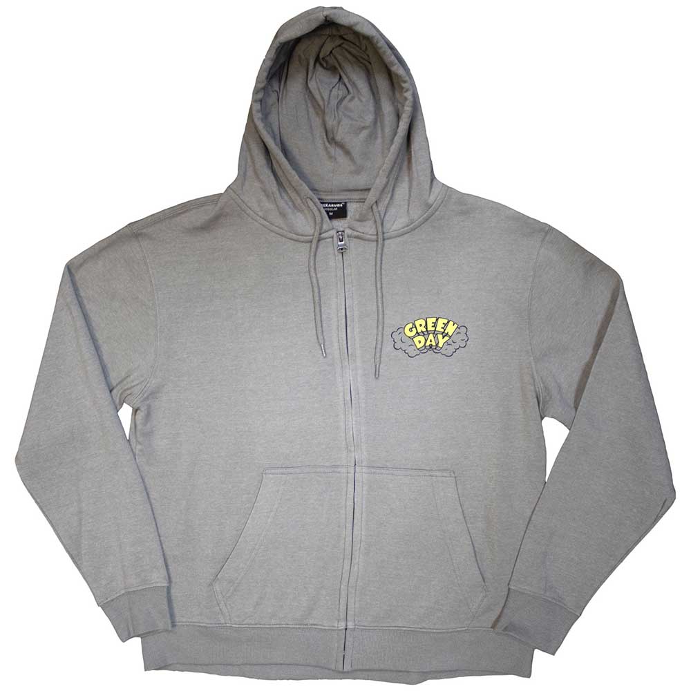 Green Day Unisex Zipped Hoodie: Longview Doodle (Grey) (Back Print) 