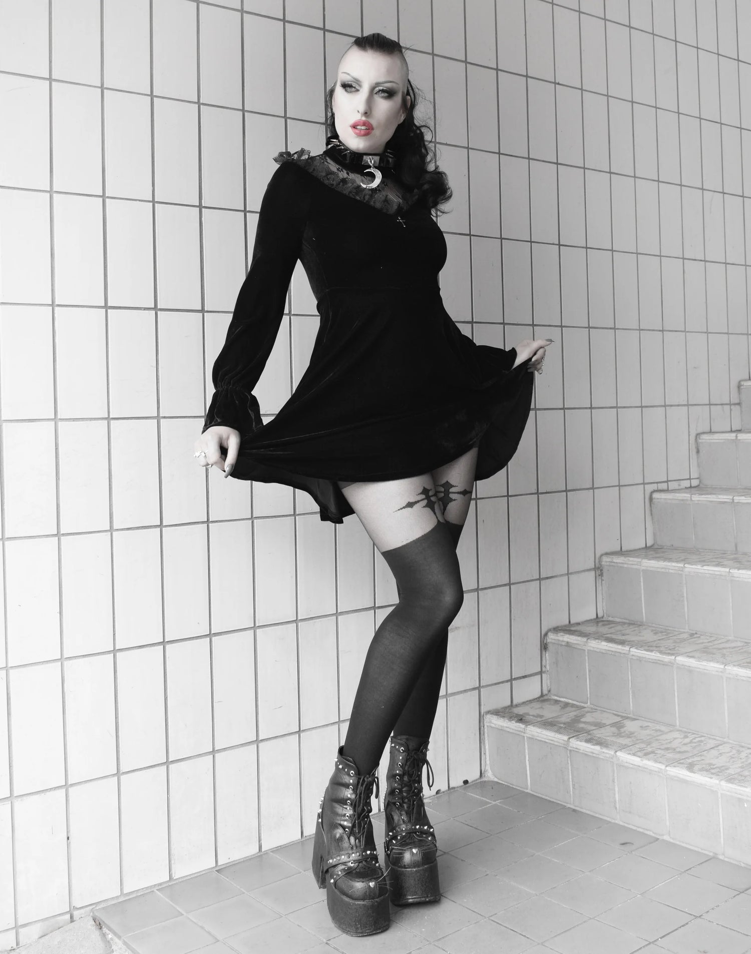 Goth Cross Suspender Tights (Black)