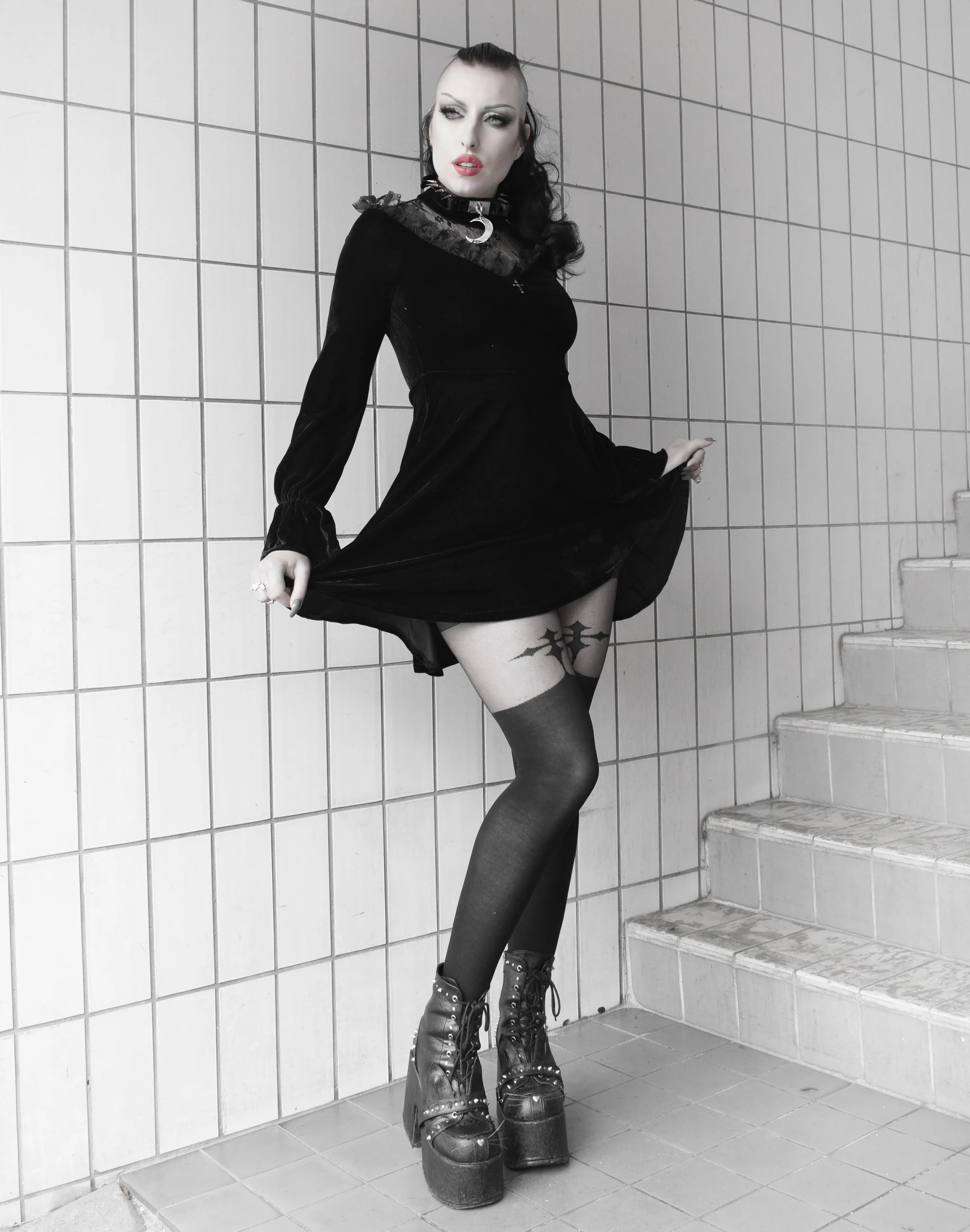 Goth Cross Suspender Tights (Black)