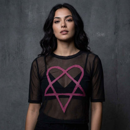 HIM Ladies Mesh Crop Top: Pink Heartagram (Black)