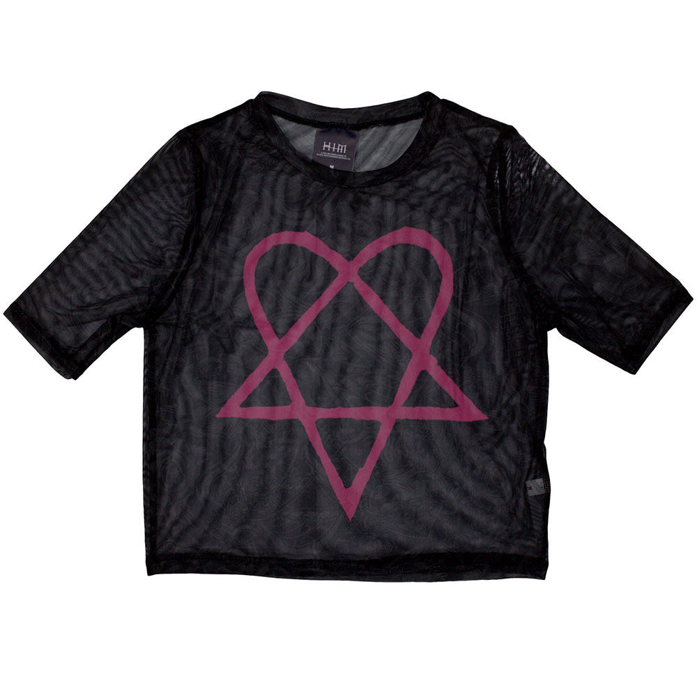 HIM Ladies Mesh Crop Top: Pink Heartagram (Black)