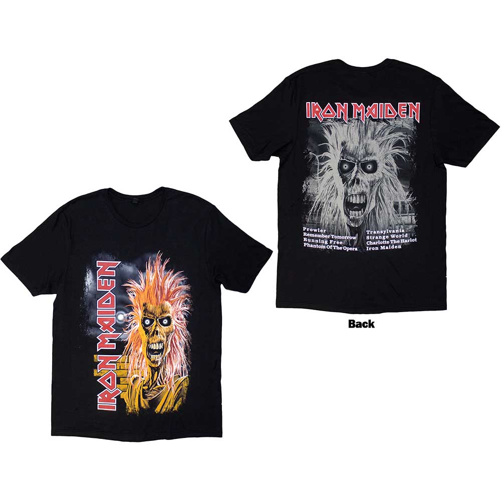 Iron Maiden Unisex T-Shirt: First Album Track list V.3. (Black) (Back Print)