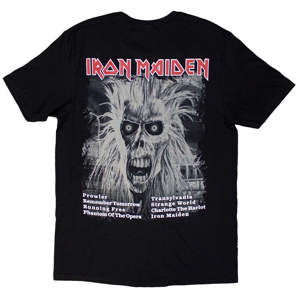 Iron Maiden Unisex T-Shirt: First Album Track list V.3. (Black) (Back Print)