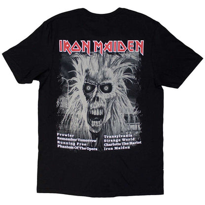 Iron Maiden Unisex T-Shirt: First Album Track list V.3. (Black) (Back Print)