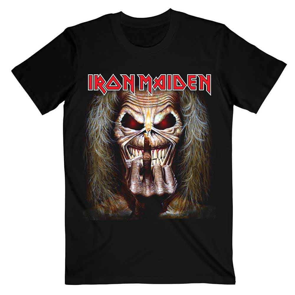 Iron Maiden Unisex T-Shirt: Eddie Candle Finger (Black)