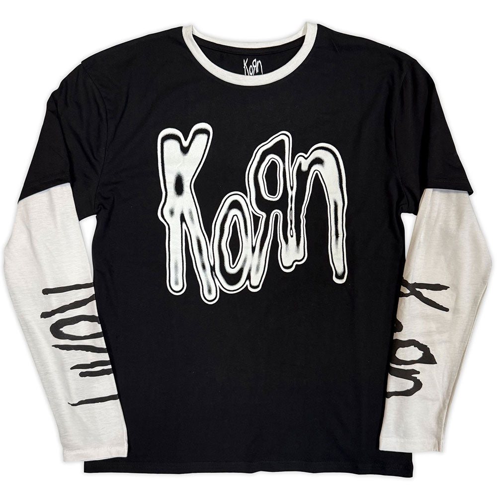 Korn Unisex Layered Long Sleeve T-Shirt: Metallic Logo (Black &amp; White) (Sleeve Print)