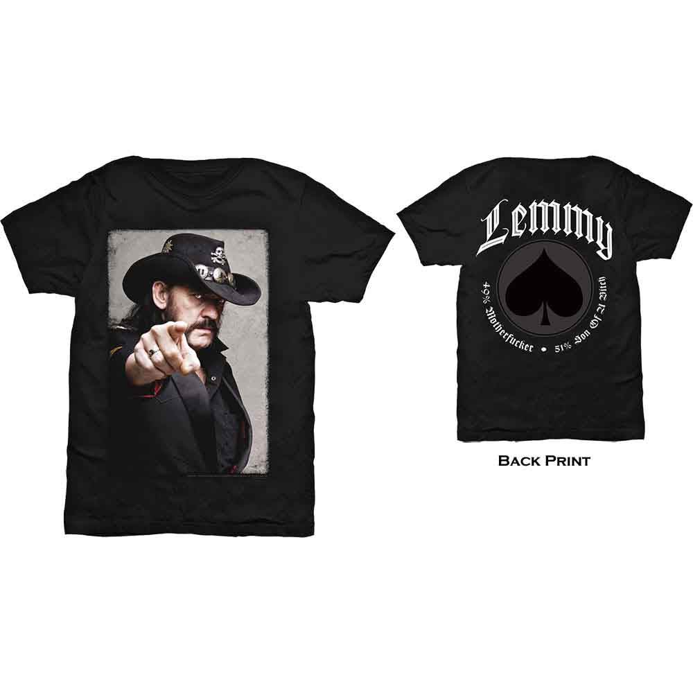Motorhead Lemmy Unisex T-Shirt: Pointing Photo (Black) (Back Print) 