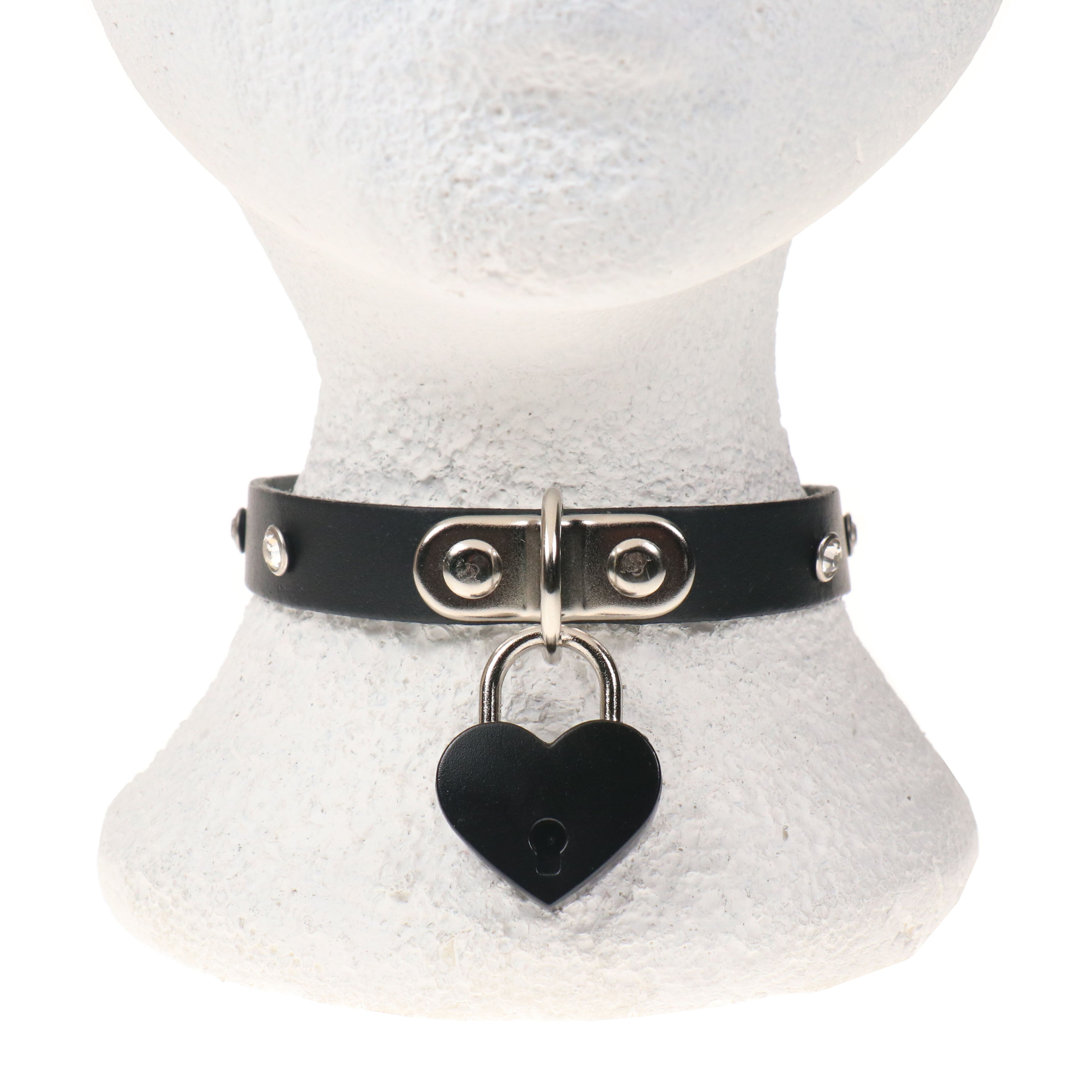 Leather Neckband: 1 Row Jewel with Heart Padlock