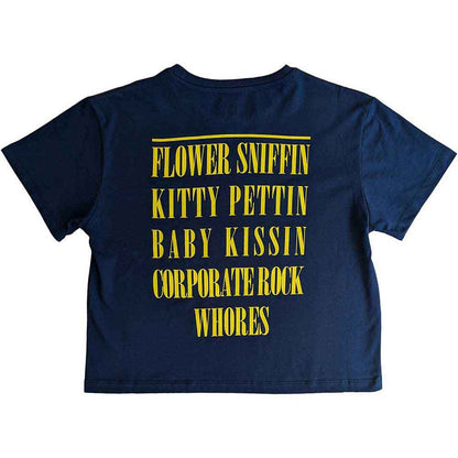 Nirvana Ladies Crop Top: Yellow Happy Face Flower Sniffin (Denim Blue) (Back Print)