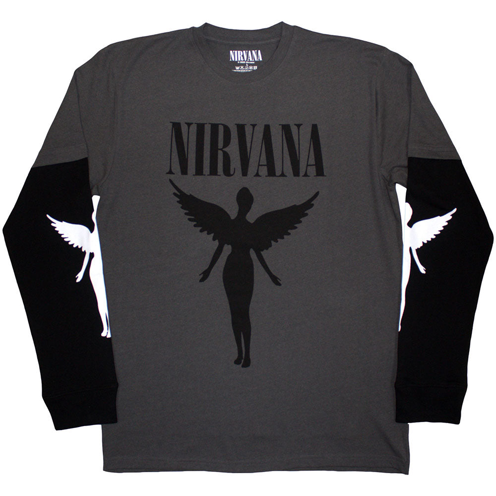 Nirvana Unisex Layered Long Sleeve T-Shirt: In Utero Mono (Charcoal Grey &amp; Black) (Sleeve Print)
