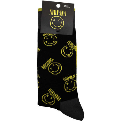 Nirvana Unisex Ankle Socks: Yellow Happy Face Pattern (Black) (UK Size 6 - 11)