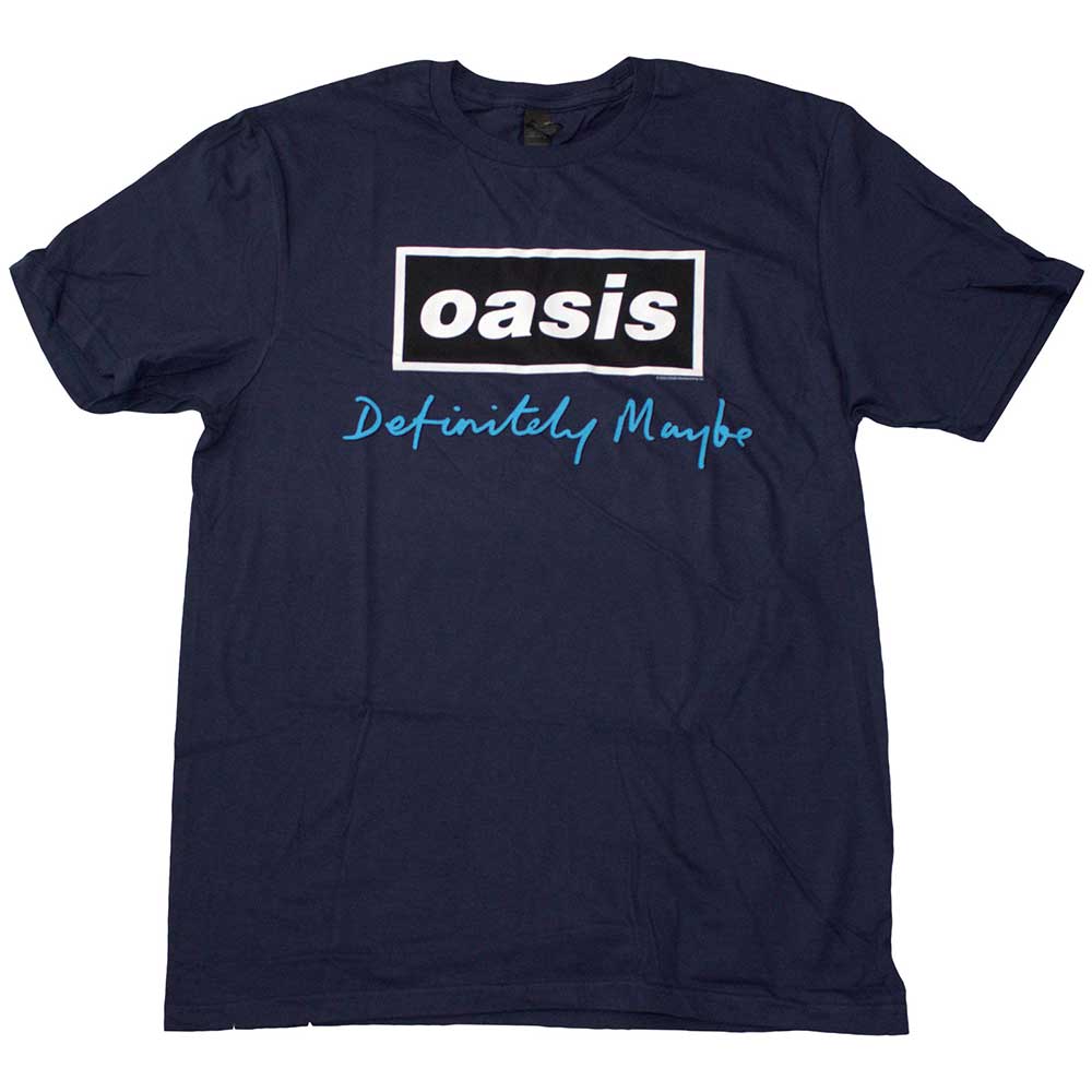 Oasis Unisex T-Shirt: Definitely Maybe Text Logo (Navy Blue)