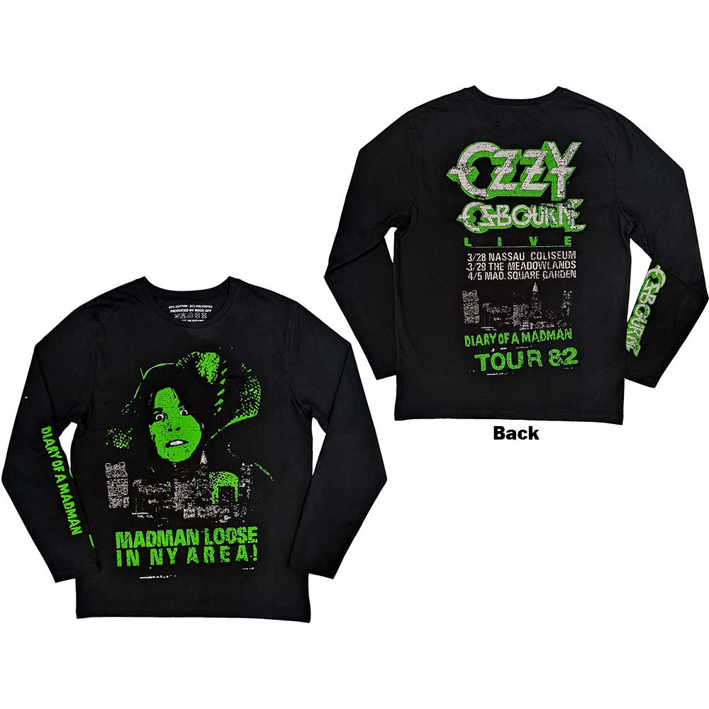 Ozzy Osbourne Unisex Long Sleeve T-Shirt: Madman Loose (Black) (Back &amp; Sleeve Print)