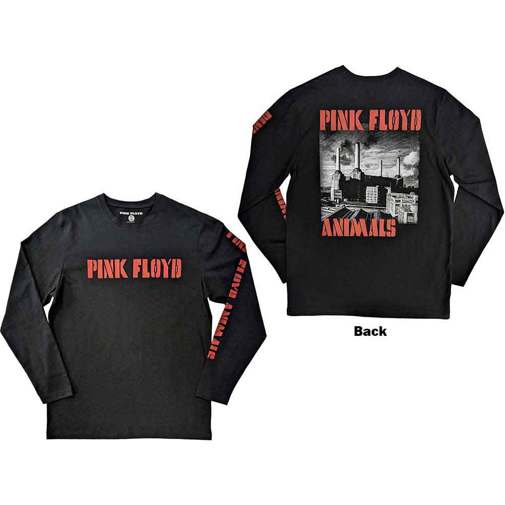 Pink Floyd Unisex Long Sleeve T-Shirt: Animals B&amp;W (Black) (Back &amp; Sleeve Print)