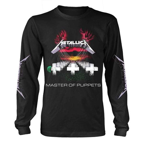 Metallica Unisex Long Sleeve T-Shirt: Master Of Puppets Tracks (Black) (Back &amp; Sleeve Print)