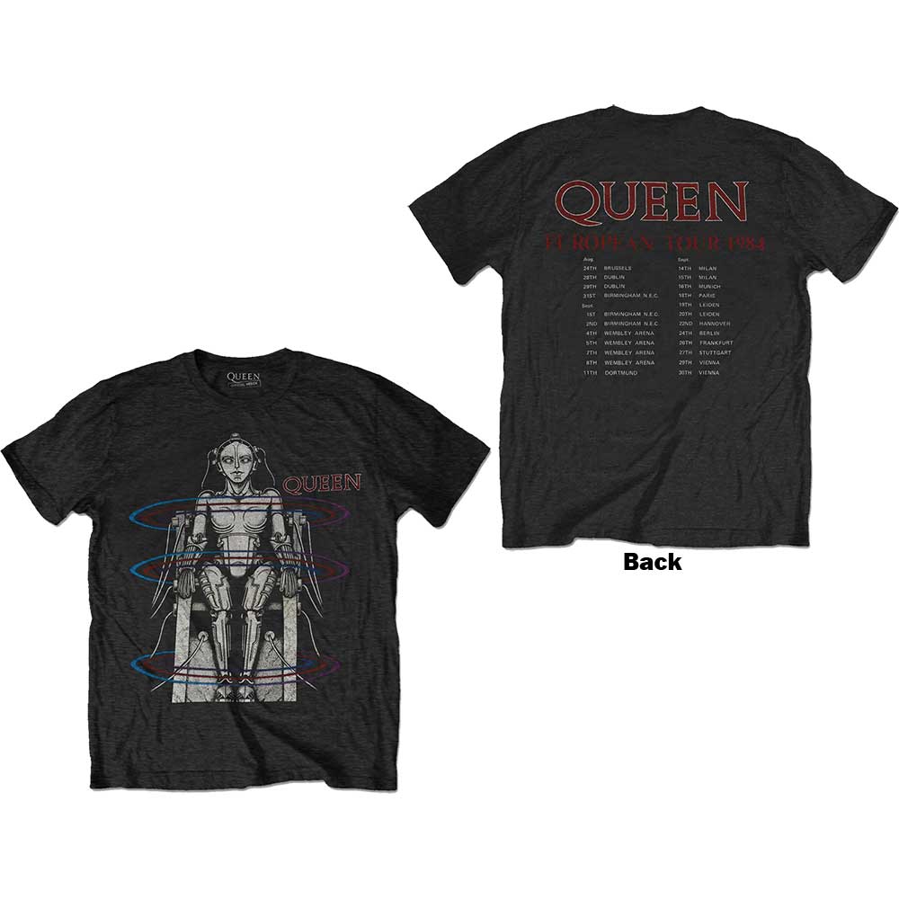 Queen Unisex T-Shirt: European Tour 1984 (Black) (Back Print)
