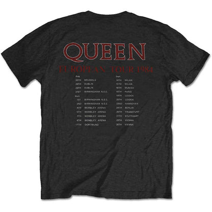 Queen Unisex T-Shirt: European Tour 1984 (Black) (Back Print)