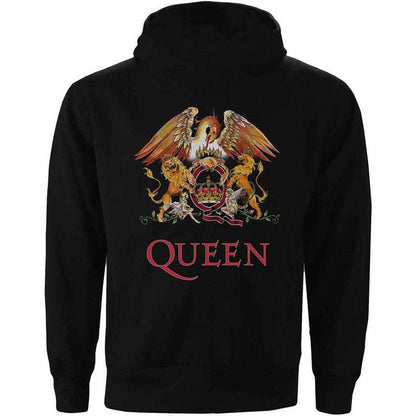 Queen Unisex Zipped Hoodie: Classic Crest (Black) (Back Print)