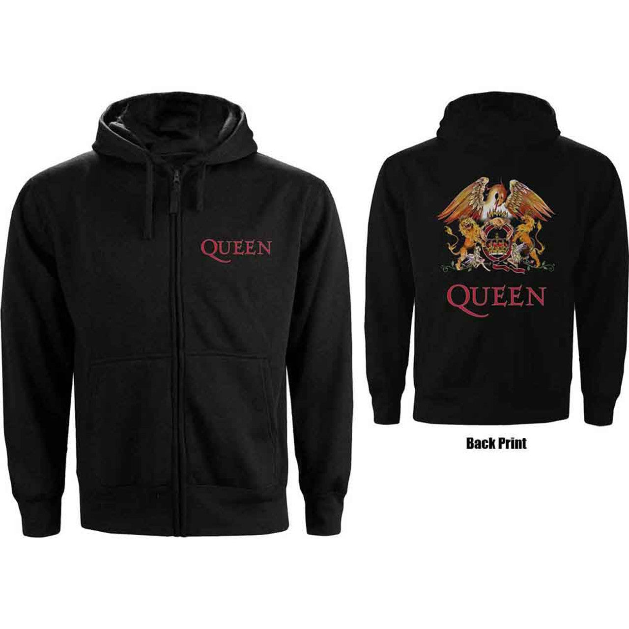 Queen Unisex Zipped Hoodie: Classic Crest (Black) (Back Print) 