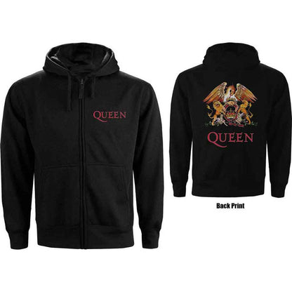 Queen Unisex Zipped Hoodie: Classic Crest (Black) (Back Print)