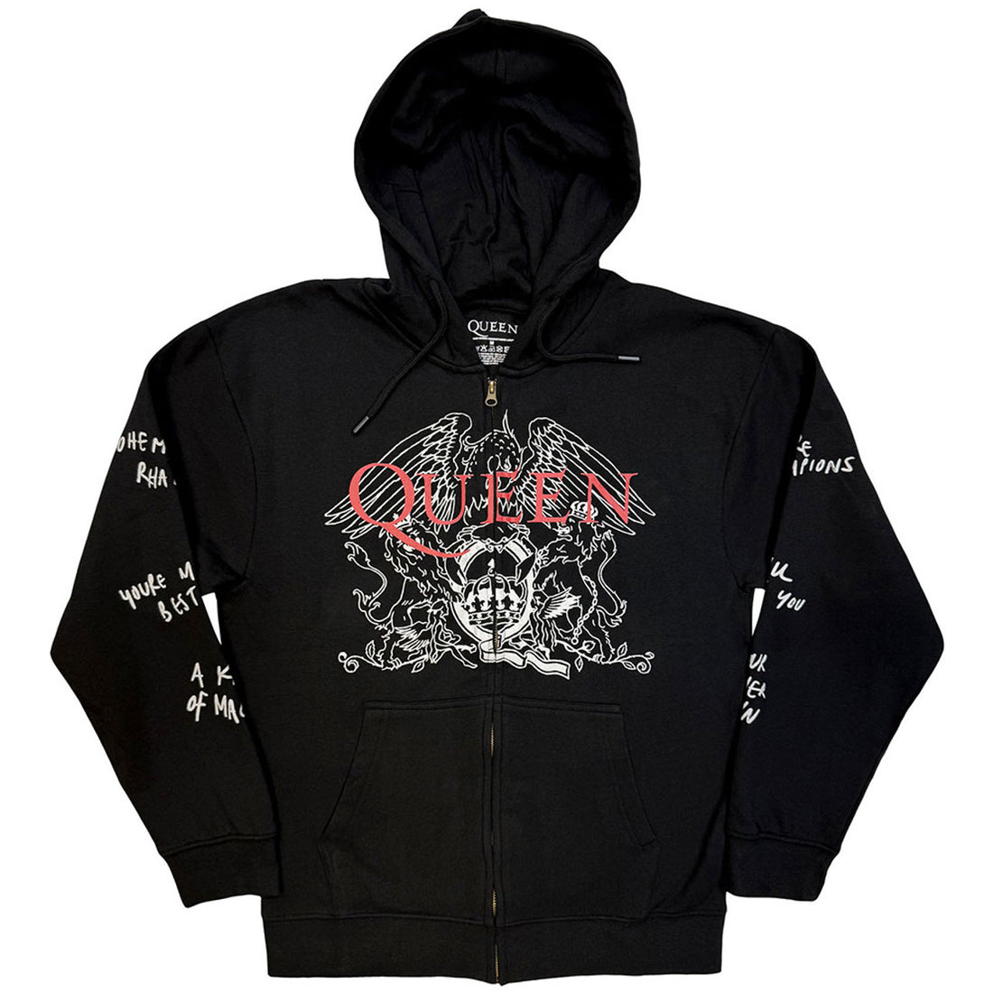 Queen Unisex Zipped Hoodie: Logo &amp; Crest Outline (Charcoal Grey)