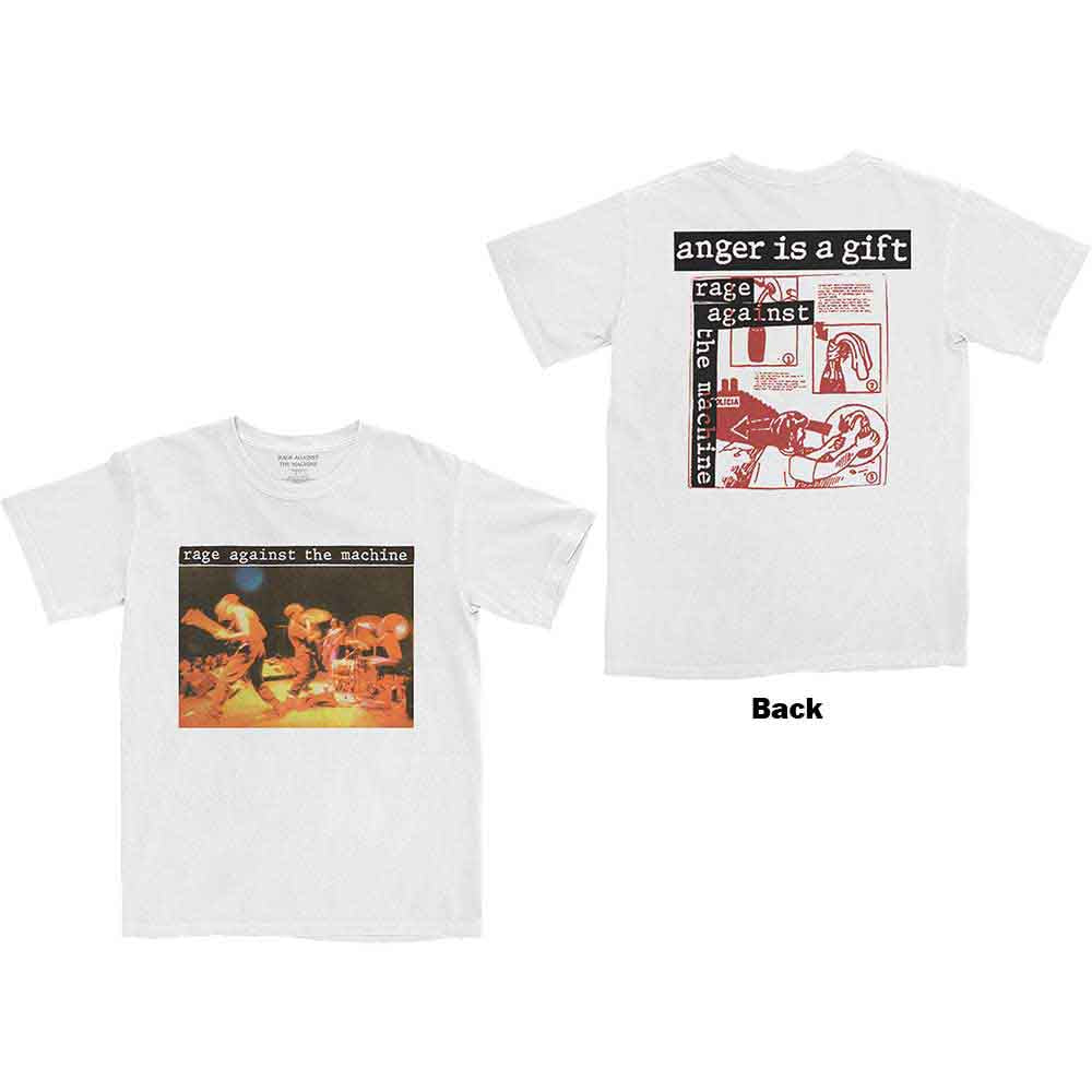 Rage Against The Machine Unisex T-Shirt: Anger Is A Gift (White) (Back Print) 