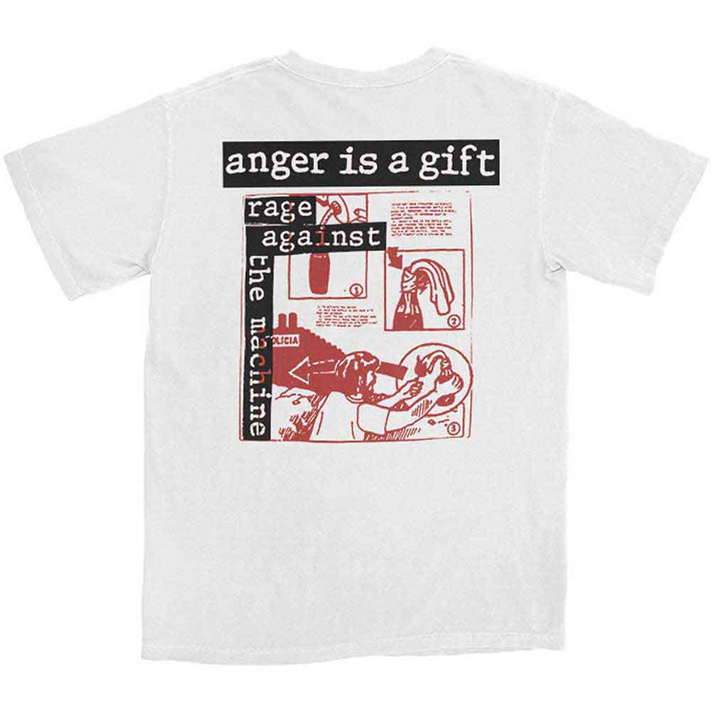 Rage Against The Machine Unisex T-Shirt: Anger Is A Gift (White) (Back Print) 