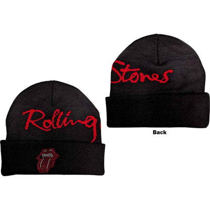 The Rolling Stones Unisex Beanie Hat: Embellished Classic Tongue (Black) (Back Print)