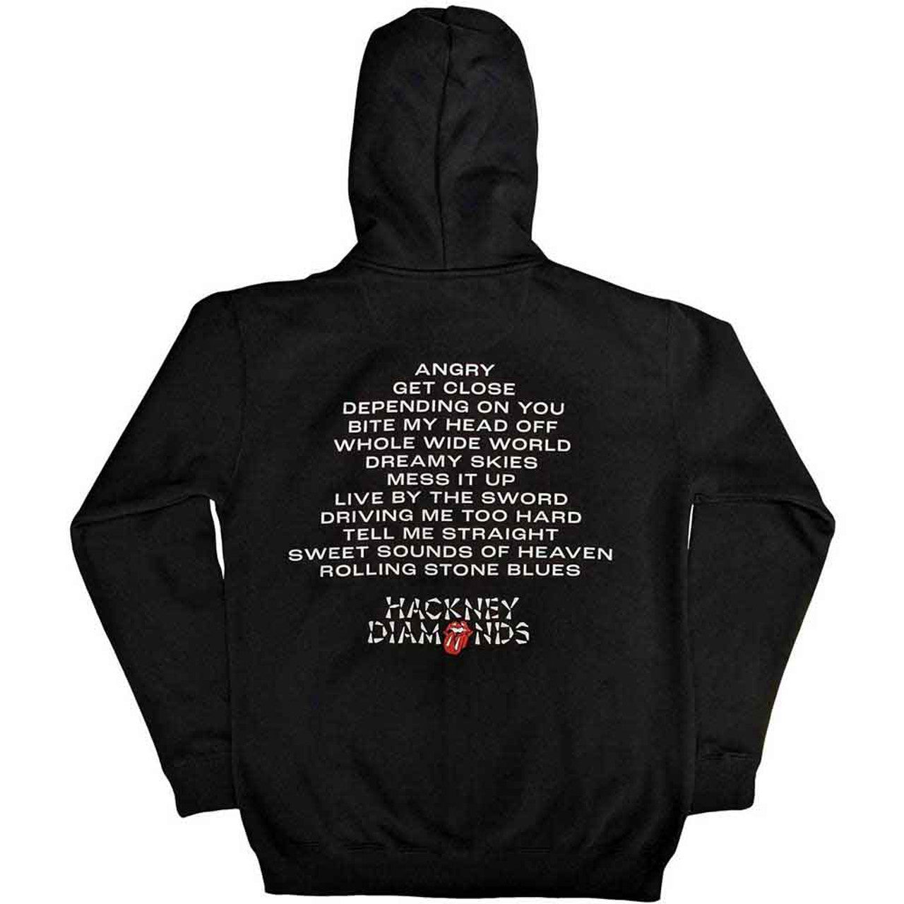 The Rolling Stones Unisex Zipped Hoodie: Hackney Diamonds Tracklist (Black) (Back Print)