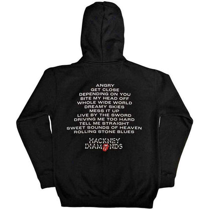 The Rolling Stones Unisex Zipped Hoodie: Hackney Diamonds Tracklist (Black) (Back Print)