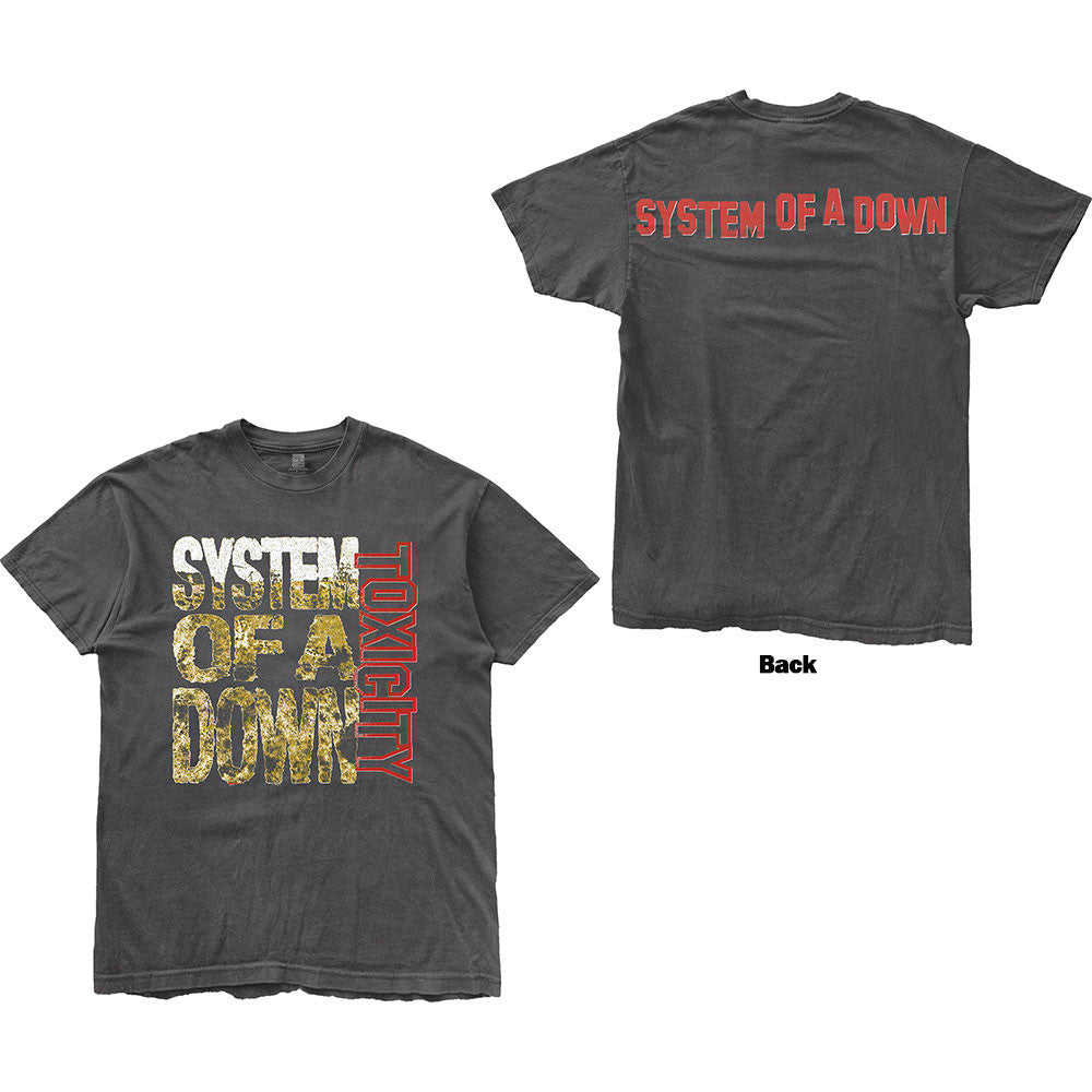 System Of A Down Unisex T-Shirt: Toxicity Stack (Charcoal Grey) (Back Print)
