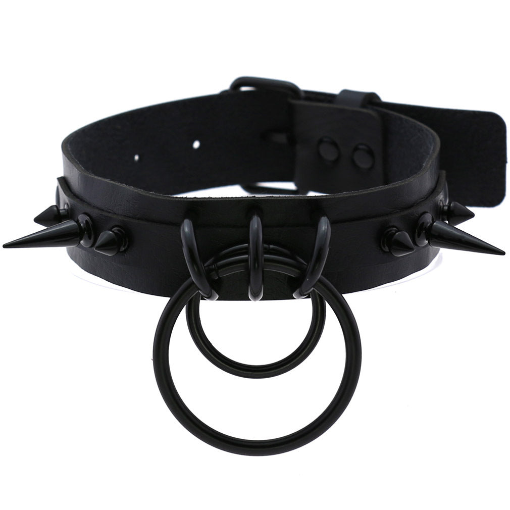 Vegan Leather Neckband: Black Spike Ring