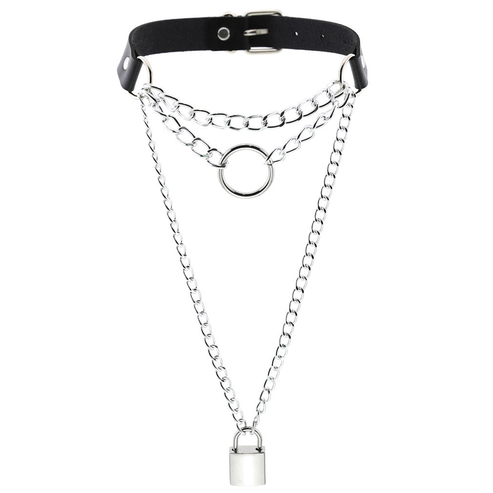 Vegan Leather Neckband: Hanging Lock Chain (Black)