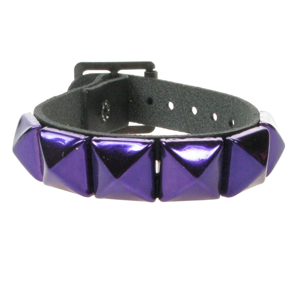 Leather Wristband: 1 Row Metallic Purple Pyramid Studs
