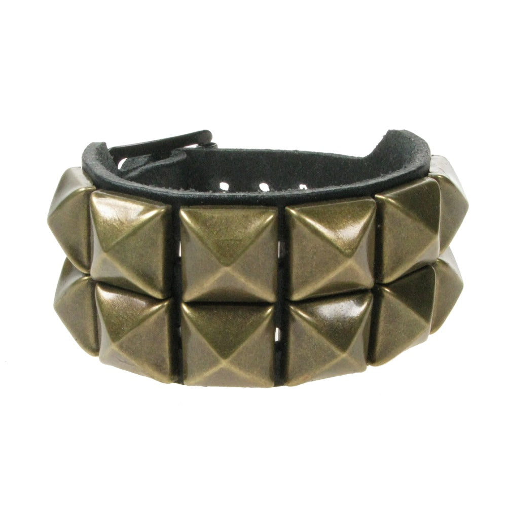 Leather Wristband: 2 Row Gold Pyramid Studs