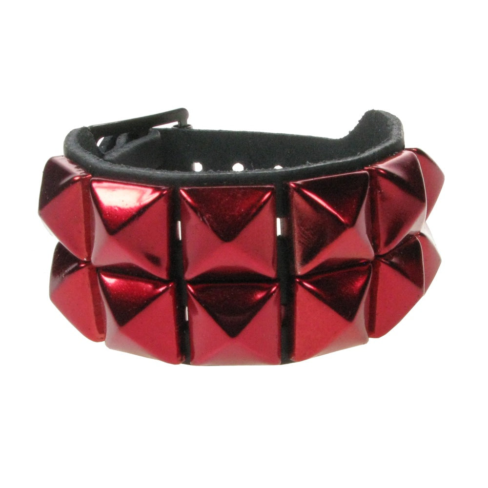 Leather Wristband: 2 Row Metallic Red Pyramid Studs