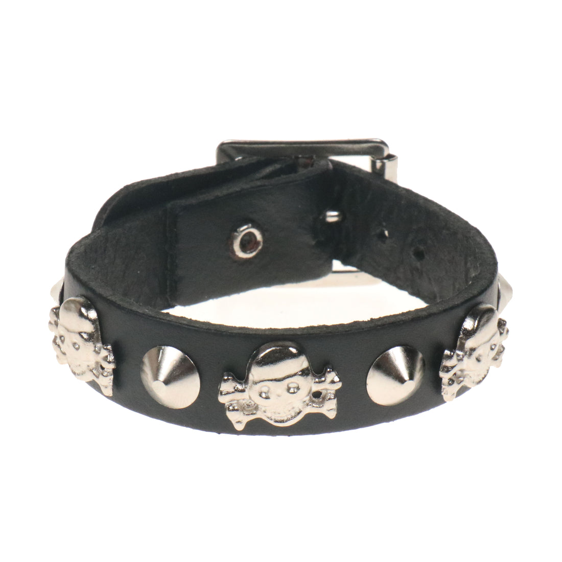 Leather Wristband: 1 Row Conical and Skull &amp; Crossbones