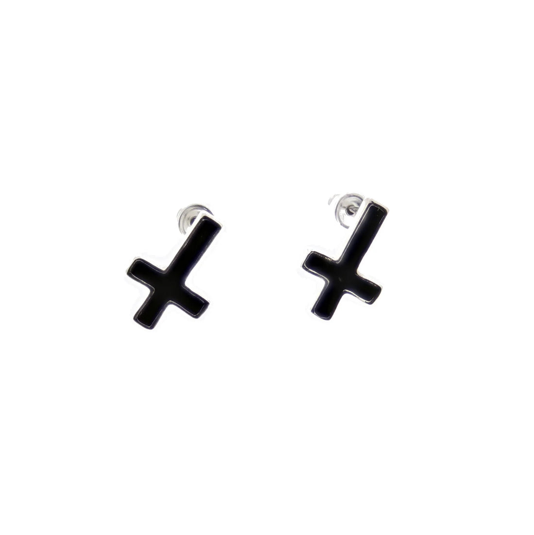 Upside Down Black Cross Stud Earrings