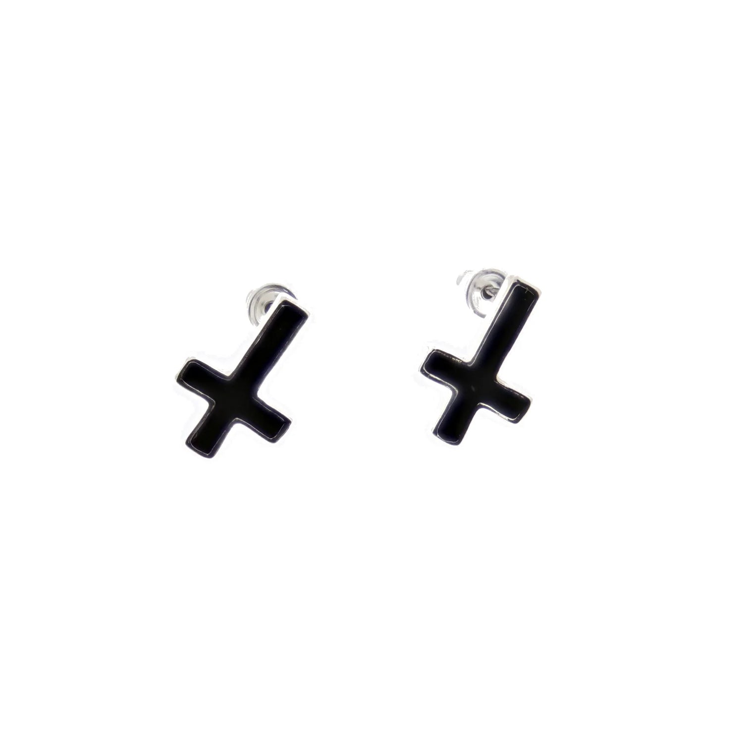 Upside Down Black Cross Stud Earrings